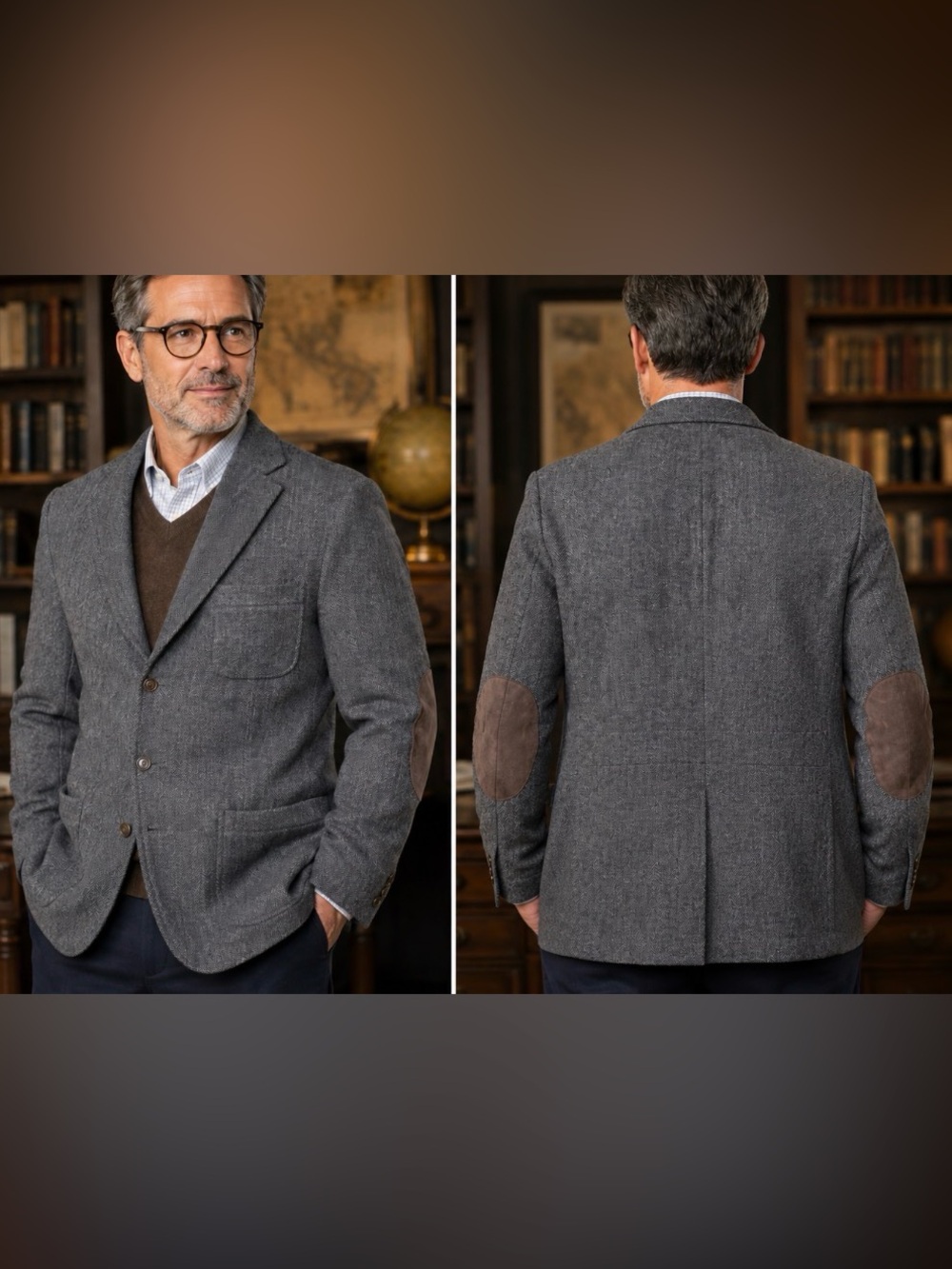 Vintage Bespoke KROON Herringbone Suede Patches Grey Wool Tweed Jacket Size 44R